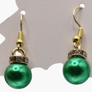 Green Pearl Like Dangle Earrings  Clear Crystal Accents Gold Hooks Christmas Orn